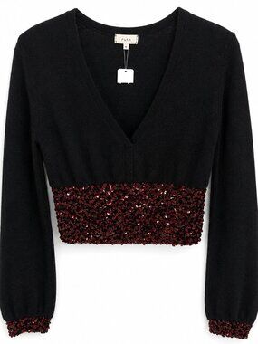 Ruth Low V Cut Pullover Sweater w/ Beaded Waist & Cuff